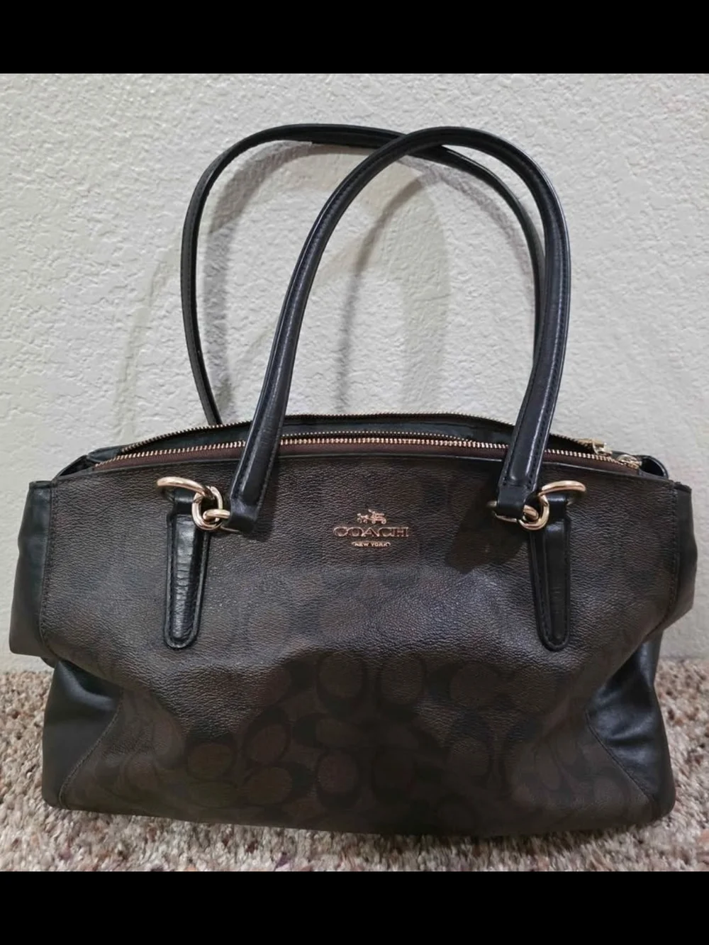 Coach Dark Brown/Black Signature Tote with Gold Hardware